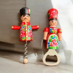 Folk Art Budapest Hungary Tradition Wood Man Cork Screw and Woman Bottle Opener